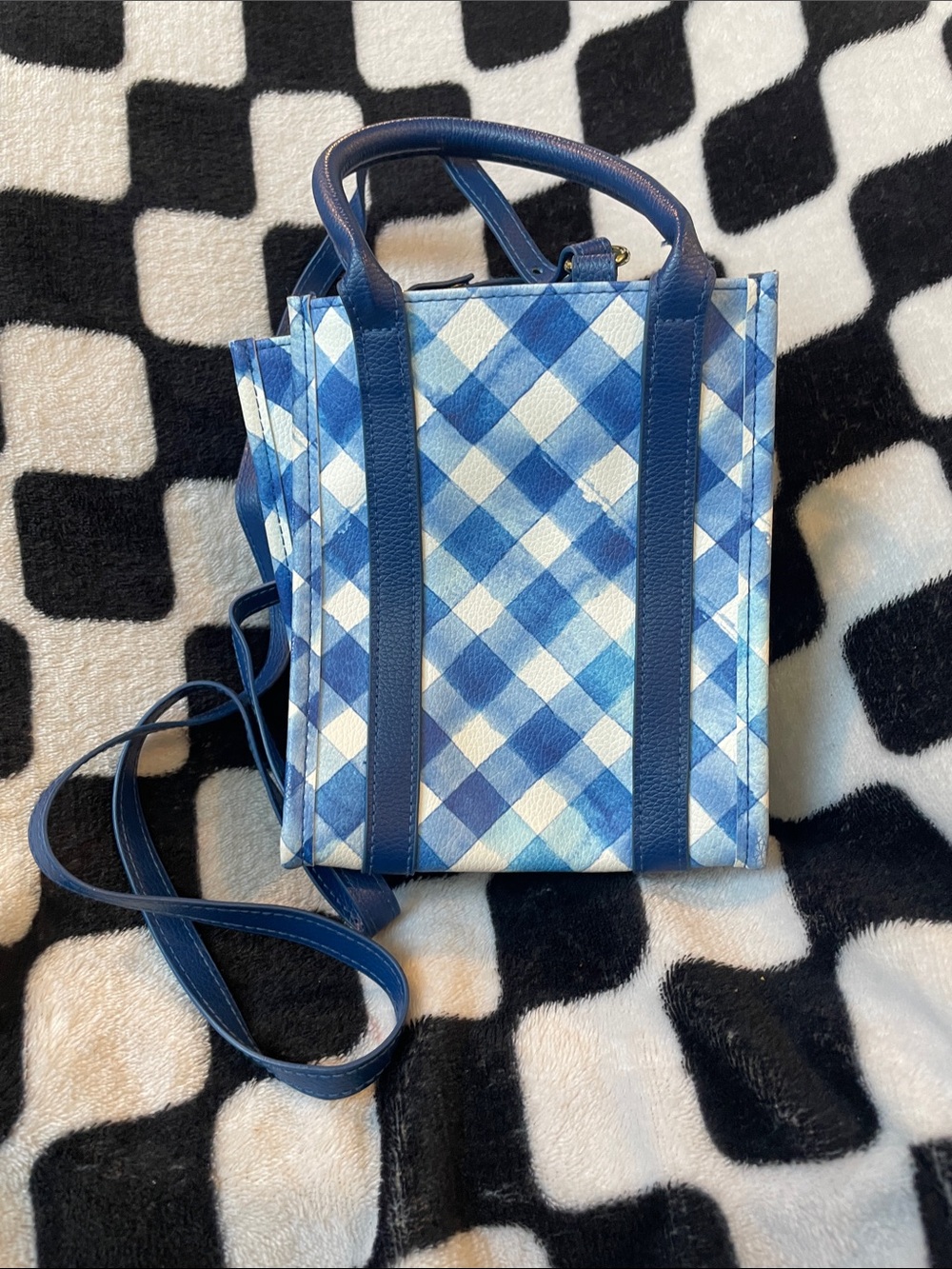 Blue Gingham Mini Tote with Leather Trim